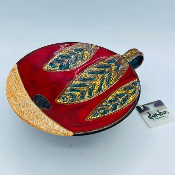 Danko Handmade Thrown Pottery Candle Holder Pedestal Base & Handle Leaf Design - Picture 3 of 11